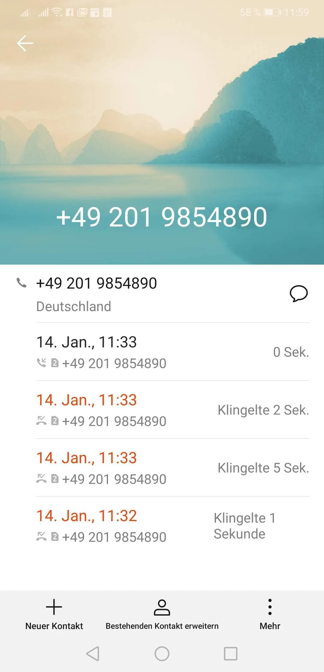 Anrufverlauf zur Nummer 0201 9854890 auf dem Smartphone