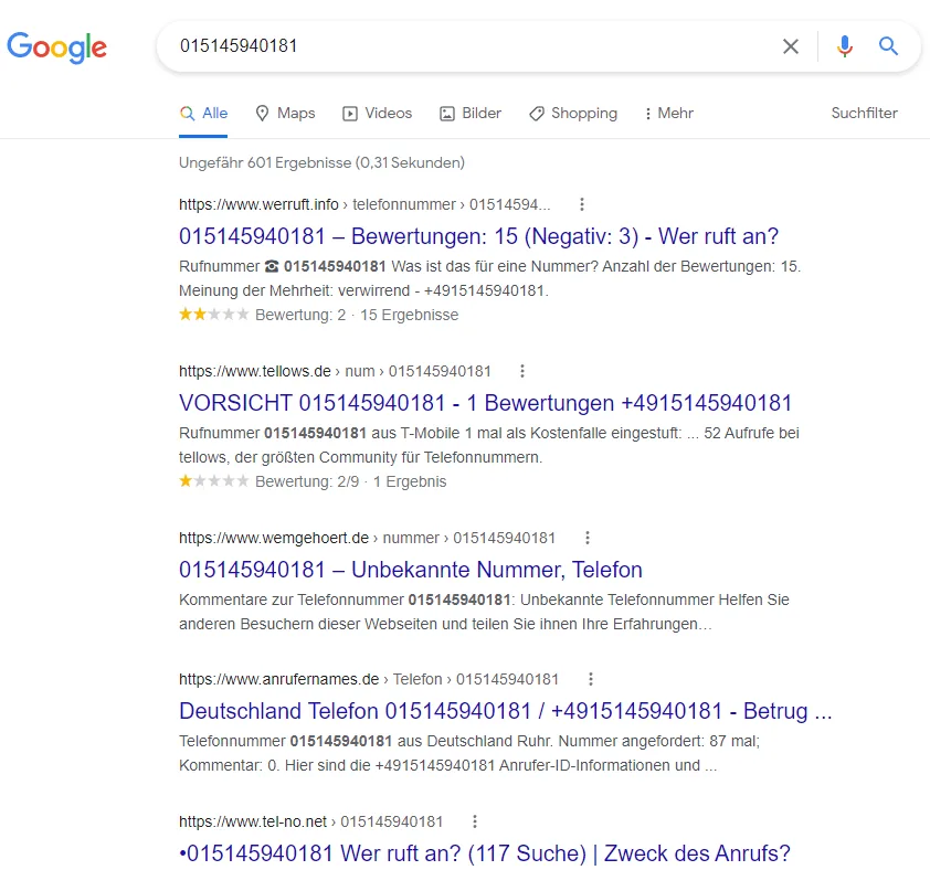 Google-Ergebnisse zur Nummer 0151 45940181
