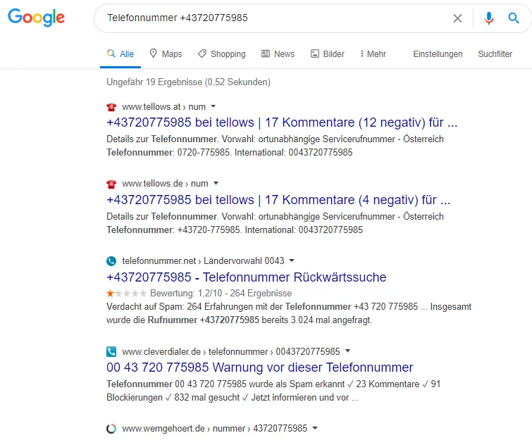 Google-Ergebnisse zum oesterreichischen Nummern-Cluster +43 720