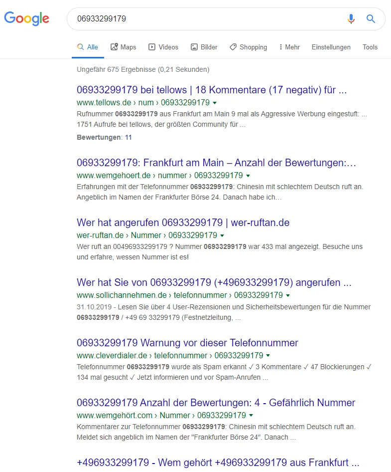 Google-Ergebnisse zur Nummer 069 33299179 mit Warnhinweisen