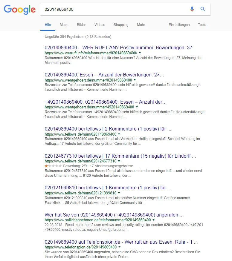 Google-SERPs zur Nummer 020149869400 mit Forenposts