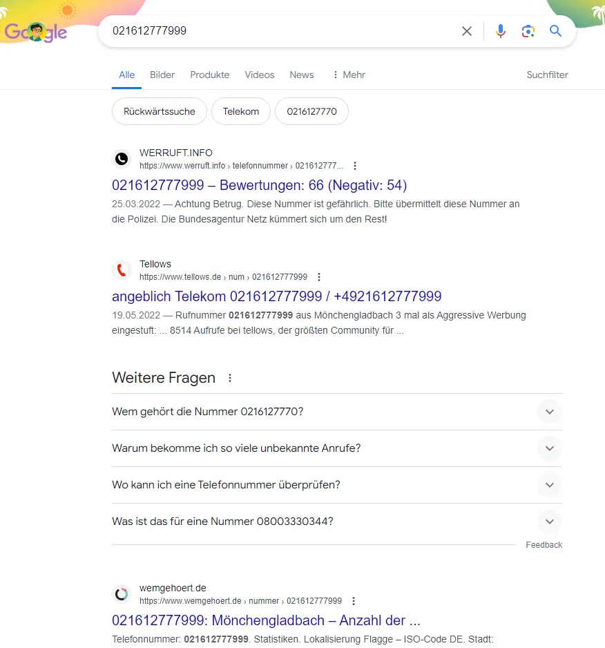 Anrufinfo zur Nummer 02161 2777999 mit Standortzuordnung Moenchengladbach