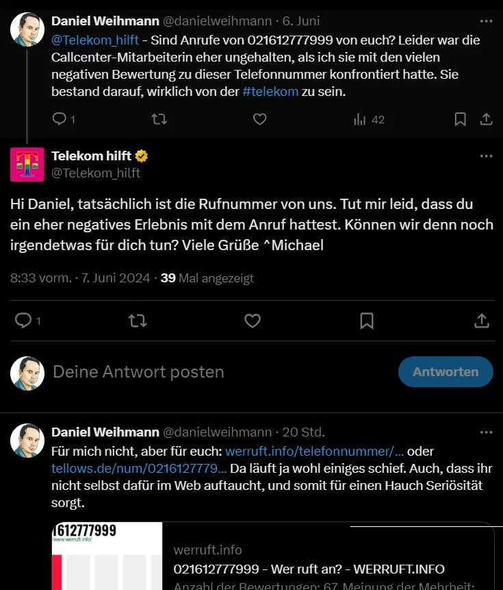 Telekom-Hilft-Forum: Antwort der Telekom zu Subunternehmen-Anrufen