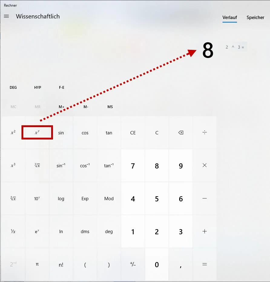 Windows Taschenrechner: 2 hoch 3 ausrechnen