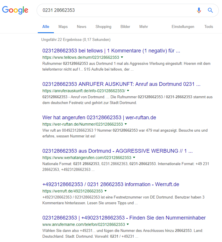Suchergebnisse bei Google zur Suche nach 0231 28662353