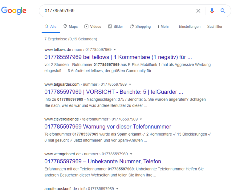 Anrufe von 017785597969 bei Google und den Wer-ruft-an-Portalen