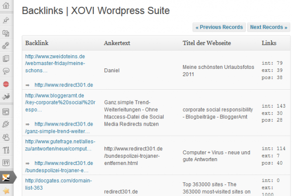 Backlinks im Xovi WordPress Plugin