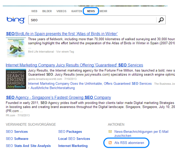 Bing News als RSS abonnieren (Screenshot Bing)