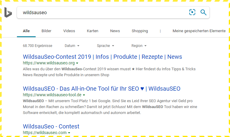 Bing: WildsauSEO-Rankings am 27.10.2019