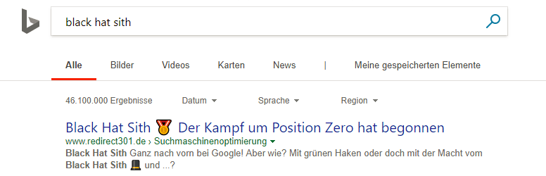 Platz 1 nach etwa 2 Stunden auch bei Bing