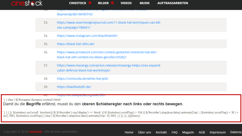 Cinestock-Website mit Fehlermeldungen
