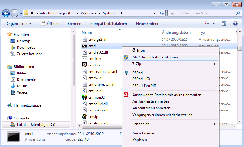 Windows 7: cmd.exe als Asministrator starten