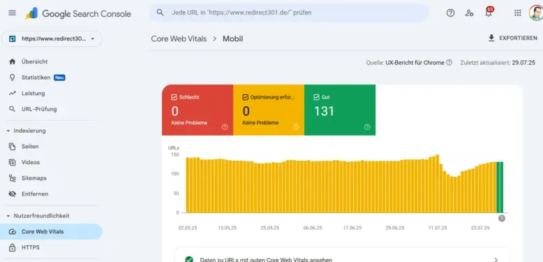 Google Core Web Vitals von redirect301.de nach kleineren Anpassungen
