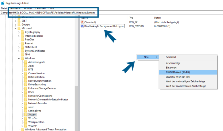 Neuer Registry-Wert: DisableAcrylicBackgroundOnLogon = 1