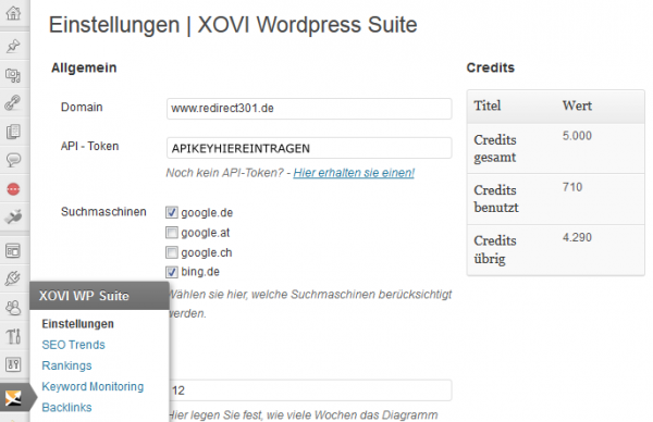 Einstellungen im Xovi WordPress Plugin