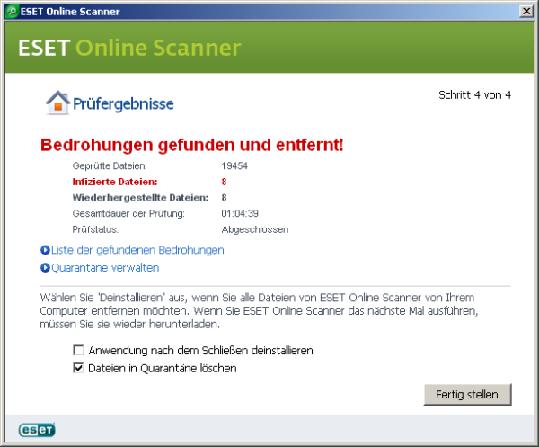 ESET Online Scanner hat weitere Bedrohungen gefunden
