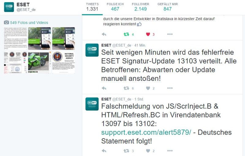 ESET-Meldungen bei Twitter
