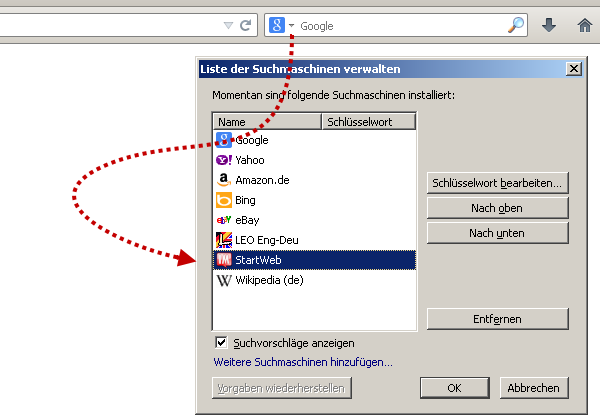 Firefox: Suchmaschinen verwalten