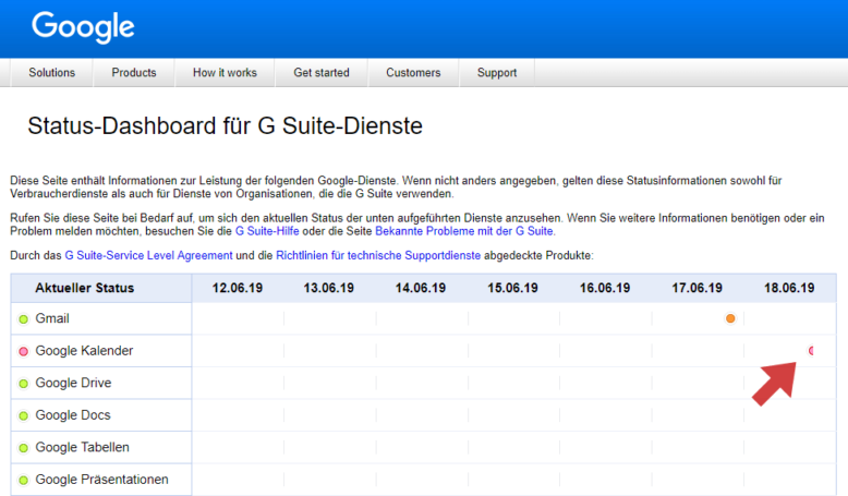 G-Suite Status - Ausfall des Kalenders am 18.06.2019