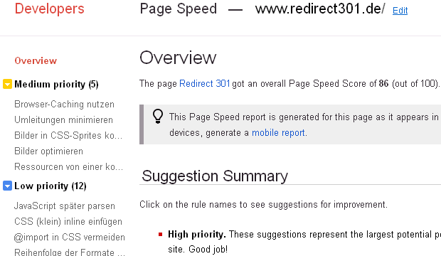 Google Page Speed: 86 von 100 für redirect301.de
