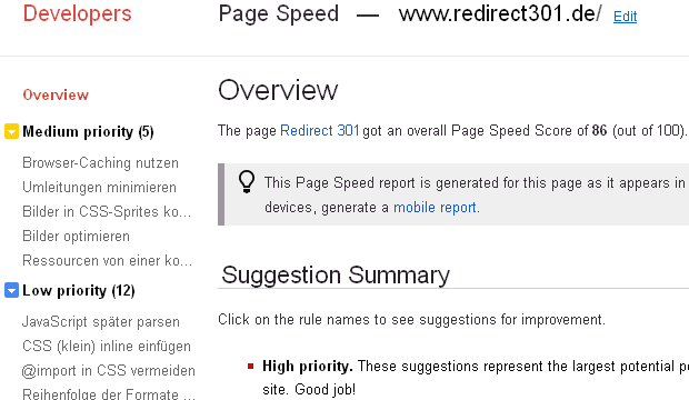 Google Page Speed: 86 von 100 für redirect301.de Google Page Speed: 86 von 100 für redirect301.de
