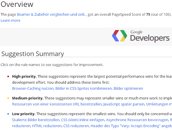 Google Pagespeed - 75 von 100 für Beamershop24.net Google Pagespeed - 75 von 100 für Beamershop24.net