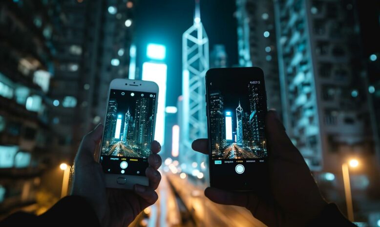 Nachtaufnahmen in einer Stadt mit 2 Smartphones zum Vergleich