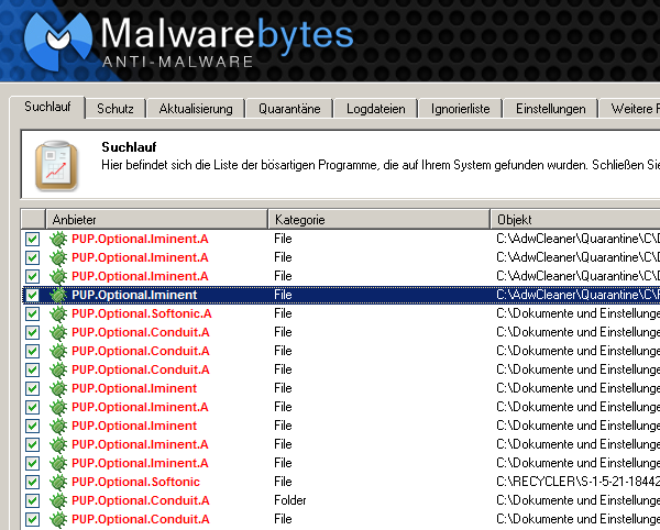 Screenshot Malwarebytes - Weitere Iminent-Funde Weitere Iminent-Funde mit Malwarebytes