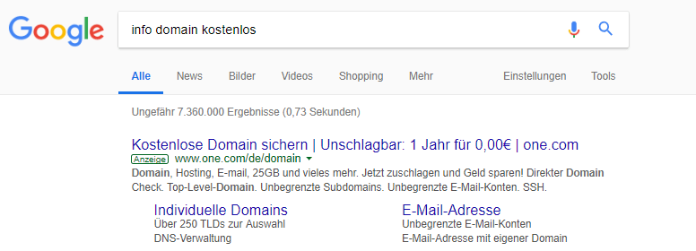 Angebot: info-Domain kostenlos (Screenshot Google-Suche von 10/2018)