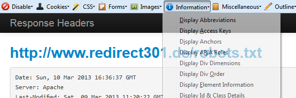 Noindex Response Header (Webdeveloper Toolbar)