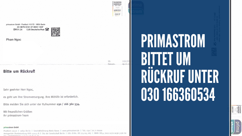 Primastrom Brief - Rückruf unter 030 166360534