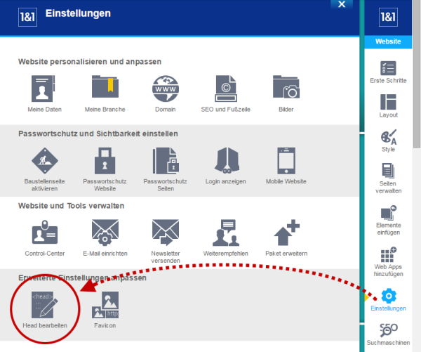 Head-Codes beim 1und1 Homepage-Baukasten einrichten