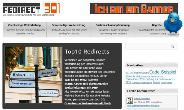 Screenshot: Redirect301.de im Jahr 2011
