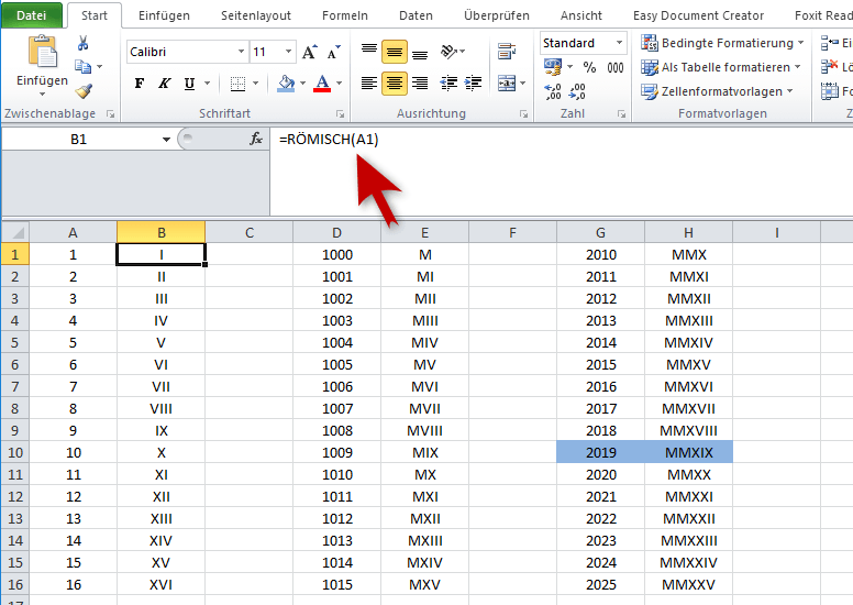 Excel-Funktion für römische Zahlen