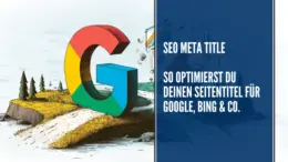 Illustration eines Bloggers, der vor einem großen Google-Logo sitzt und SEO-Daten, Rankings und Statistiken auf digitalen Schaubildern betrachtet, Symbol für Suchmaschinenoptimierung und Website-Analyse