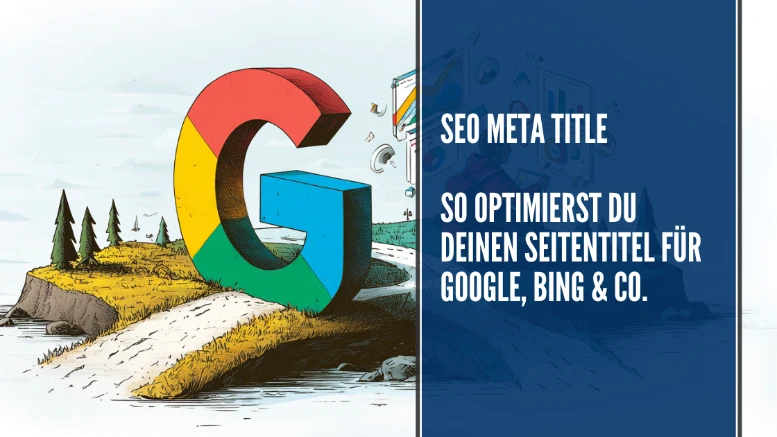 Illustration eines Bloggers, der vor einem großen Google-Logo sitzt und SEO-Daten, Rankings und Statistiken auf digitalen Schaubildern betrachtet, Symbol für Suchmaschinenoptimierung und Website-Analyse