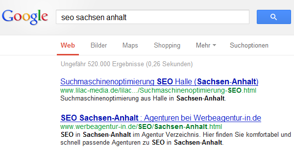 Google SERPs zum Suchbegriff SEO Sachsen Anhalt vom 20. März 2013