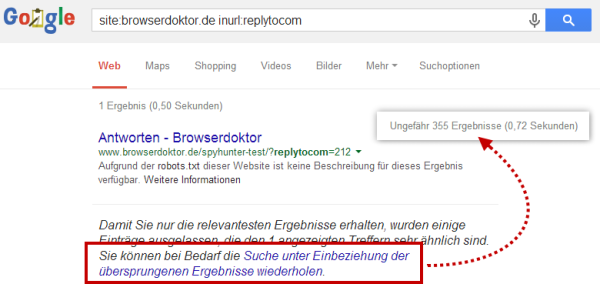 site-inurl-Abfrage nach replytocom bei Google