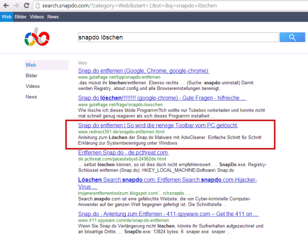 Screenshot: Redirect301.de auf Platz 3 in der Snapdo-Suche