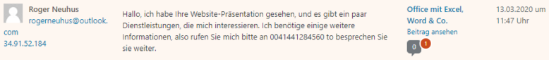Kommentar mit der Telefonnummer 0041441284560 (Screenshot)