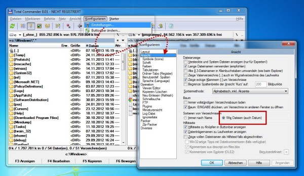 Total Commander Verzeichnis-Sortierung nach Datum einrichten