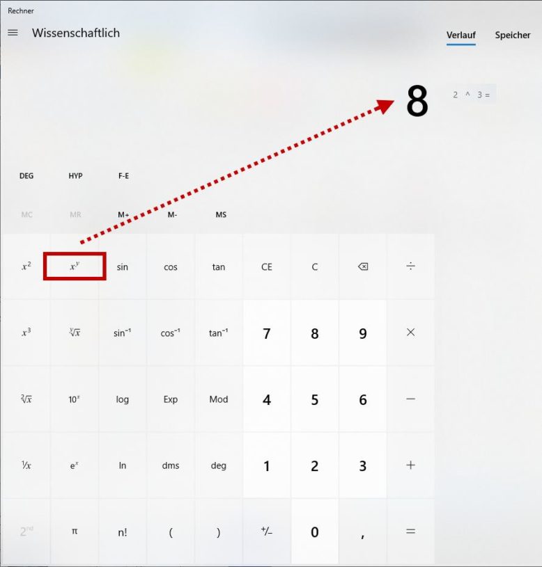 Windows Taschenrechner öffnen und 2 hoch 3 ausrechnen