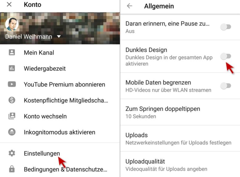 Youtube am Smartphone auf den Dark Mode umstellen
